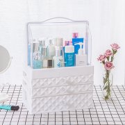手提透明双开门防尘抽屉式化妆品收纳盒--大号白色(三抽)